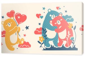 Large Doodle vector collection of funny, cute bears and hearts. Love, happiness concept for Valentine's Day, 14 February. Naive flat illustration. Hand drawn Scandinavian style.