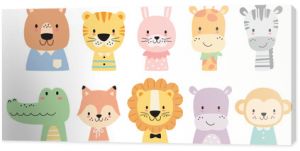 Cute wild woodland baby animal faces in pastel color vector illustration. Baby shower and nursery art animal set including a bear, tiger, lion, rabbit, giraffe, zebra, crocodile, fox, hippo and monkey