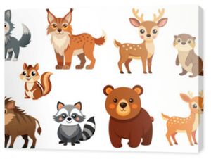 Forest animals flat cartoon illustration. Cute fox, wolf, brown bear, owl, deer, chipmunk, lynx vector clipart of wildlife for children book.