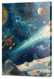 Cute space-themed illustrations for kids' rooms, books, fabrics, and greeting cards. Great for decorating nursery walls and creating a fun and imaginative space.