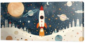 Space-themed wall decor for children's rooms featuring a cartoon rocket, planets, and vibrant mural artwork. AI technology used in the design process.