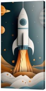 Dreamy space journey illustration with a friendly rocket, ideal for creative wallpapers and educational materials