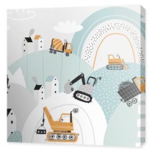 Vector children hand drawn cute construction cars, mountain landscape, houses. City. Boho trendy design. Scandinavian. Illustration. Kids wallpaper design. Baby room design, wall decor, mural.