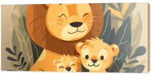 Lion family. Cute vector illustration in cartoon style. Flat design.