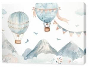 A seamless watercolor pattern for children with hot air balloons and clouds. It is illustrated in pastel blue and pink colors. The perfect background for a boy's or girl's room.