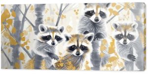 Whimsical Gouache Racoon Wallpaper: Delicate white and gold tones in an artful sketched aesthetic.