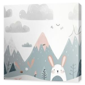 children hand drawn mountain and cute bunny illustration in scandinavian style. Mountain landscape, clouds. Children's forest wallpaper. Mountainscape, children's room design, wall, Generative AI