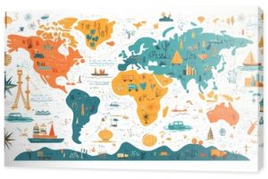 Colorful Illustrated World Map with Landmarks, Animals, and Cultural Icons