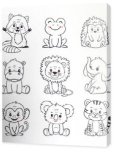  Set of cartoon cute animals including lion, tiger, hippopotamus, monkey, hedgehog, koala, raccoon, frog and elephant. Jungle and forest animals for magazines, postcards. Vector illustration