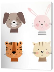 Cartoon cute animals for baby cards. Vector illustration. Lion, dog, bunny, bear, panda, tiger, cat, fox.