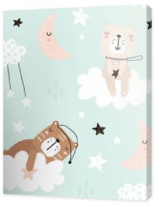 Seamless childish pattern with cute bears on clouds, moon, stars. Creative scandinavian style kids texture for fabric, wrapping, textile, wallpaper, apparel. Vector illustration