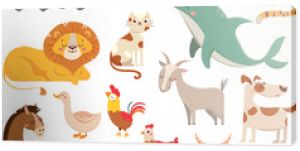Child cartoons elephant, gull, dolphin, wild animal. Pet, farm and jungle animals vector cartoon illustration collection