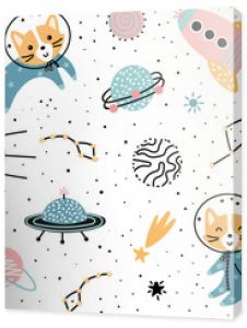 Cosmic seamless pattern with cute foxes