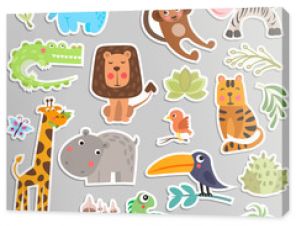 Cute set of stickers of safari animals and flowers. Savanna and safari funny cartoon sticker animals. Jungle animals vector set of sticker elements. Crocodile, giraffe, lion and monkey, and other