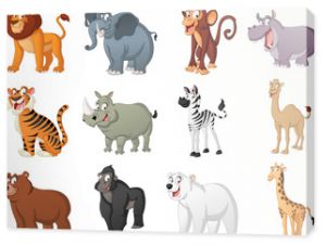 Grupa dużych zwierząt kreskówkowych Ilustracja wektorowa zabawnych, szczęśliwych zwierząt