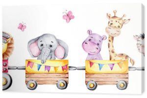 Cartoon train with lion driver and elephant, rhinoceros, giraffe, hippopotamus and zebra on waggons  watercolor hand draw illustration  with white isolated background