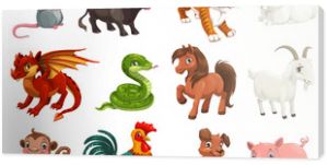 Chinese Lunar New Year animals, zodiac horoscope cartoon vector characters. Cute rat or mouse, dragon and pig, dog, tiger, rooster or chicken, horse, snake, monkey, ox, rabbit, goat or sheep signs