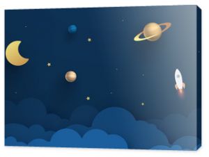 Night sky with planets. Paper art style of rocket flying in space, start up concept, flat-style. Paper cut design. vector illustration.