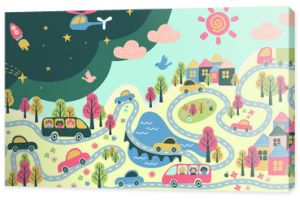 giant kind poster with city life - cars, school buses, roads, night and day, buildings, trees, flowers, bridge, river, lake, moon, sun, rail, clouds, sun - flat hand drawn vector illustration