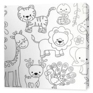 Outline wild safari animals vector illustration for coloring. Jungle animals line art including monkey, tiger, zebra, giraffe, lion, elephant, snake, deer and peacock.