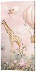 A kids' wallpaper mural featuring cycling animals with balloons, including a giraffe and elephant, set against a watercolor pink background. The design includes hot air balloons, blooming flowers.