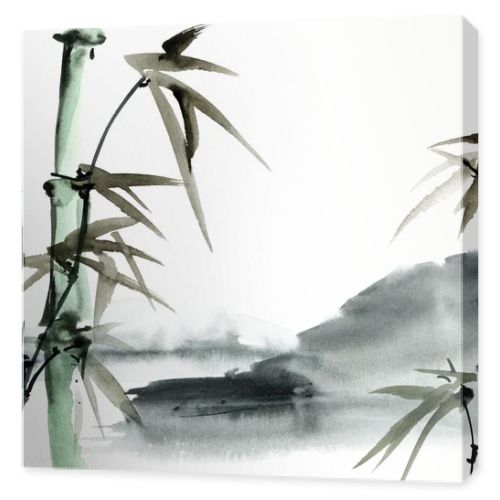 Chinese landscape with bamboo and mountains. Oriental traditional painting in style sumi-e, gohua and u-sin. Watercolor and ink illustration on white background.