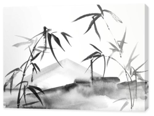 Watercolor illustration of asian landscape - mountains and bamboo with leaves on white background. Oriental traditional painting, sumi-e, u-sin, gohua.