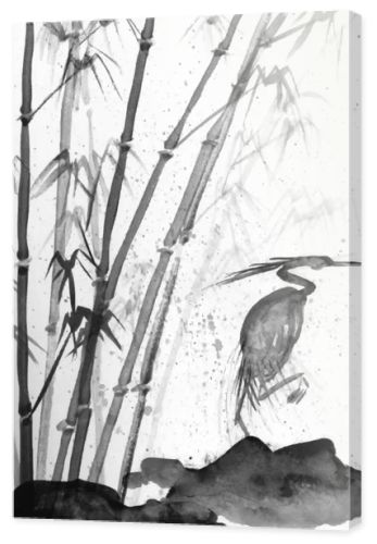 illustration of watercolor heron and bamboo