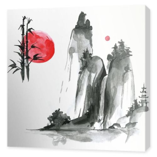 sumi-e elements: landskype, sun, bamboo