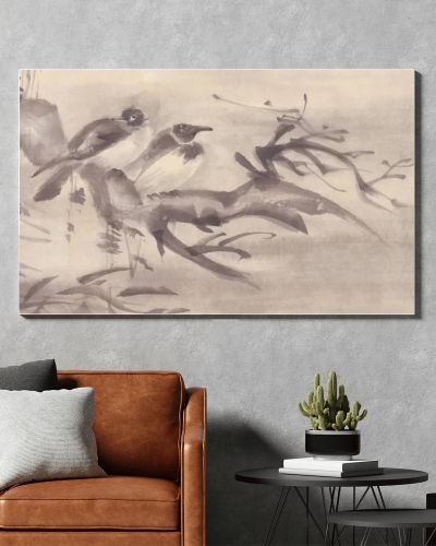 Birds on a tree autumn landscape ink painting