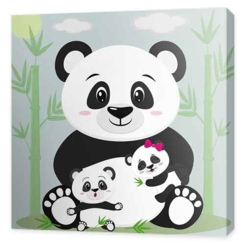 A sweet panda sits and holds a child with a bow, next to it sits another baby, he is surprised. Against the backdrop of bamboo trees, clouds and sun.