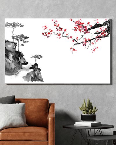 Japan traditional sumi-e painting. Indian ink illustration. Japanese picture. Sakura and mountains