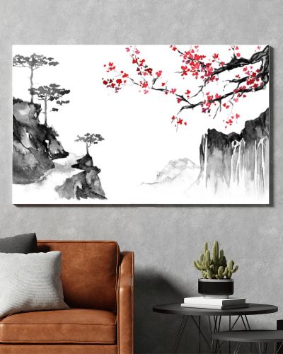 Japan traditional sumi-e painting. Indian ink illustration. Japanese picture. Sakura and mountains