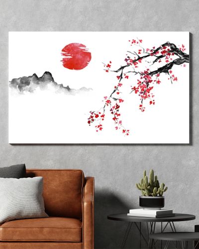 Japan traditional sumi-e painting. Indian ink illustration. Japanese picture. Sakura, sun and mountain