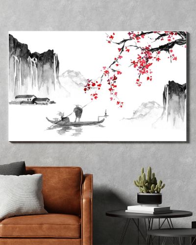 Japan traditional sumi-e painting. Indian ink illustration. Japanese picture. Man, boat, sakura, mountains