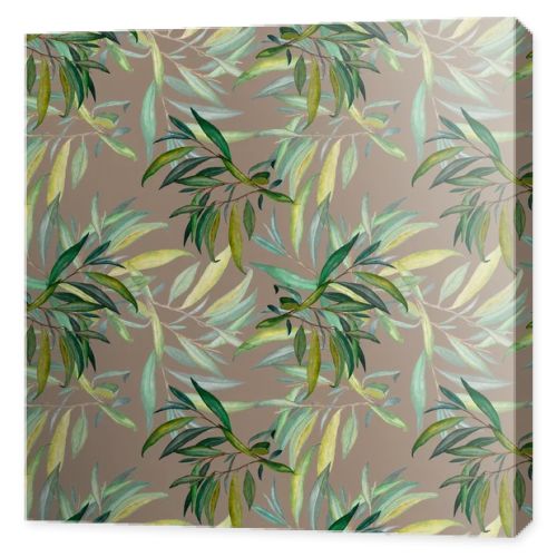Watercolor seamless pattern with willow leaves. Beautiful art print. Fabric texture background. 