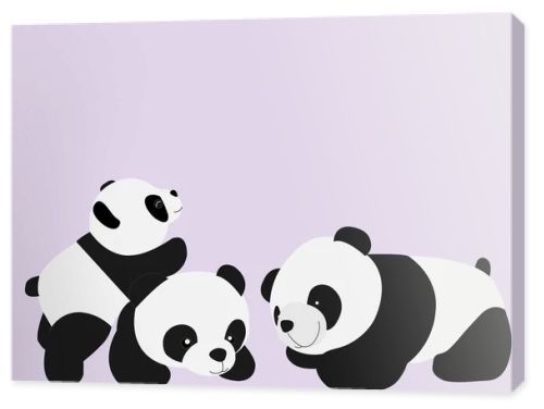 Panda cub is climbing on the mother back and father back isolated on soft purple background.