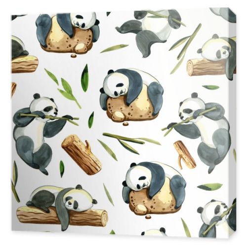 Watercolor seamless pattern of different panda and leaves