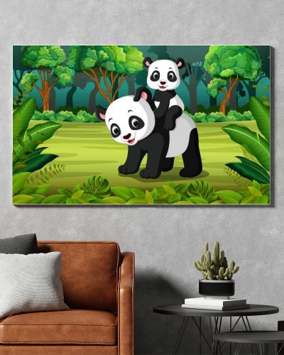 Panda with baby panda in the forest