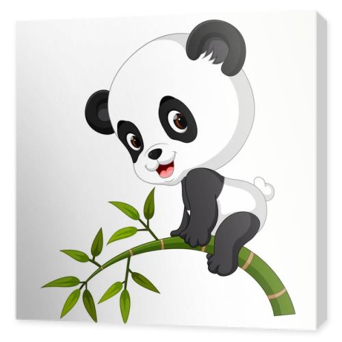 Cute funny baby panda hanging on the bamboo