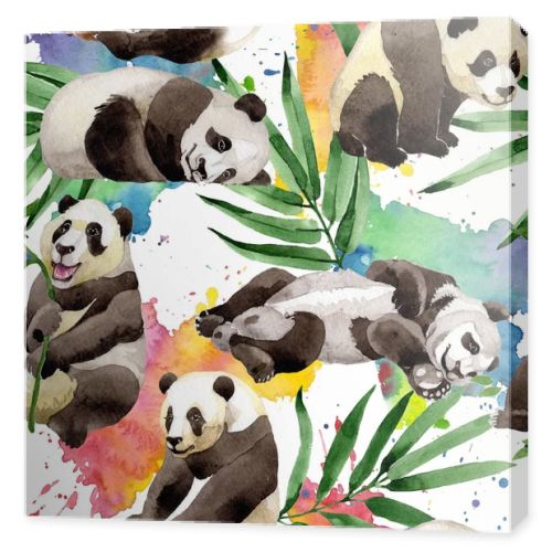 Tropical mix bamboo tree and panda pattern in a watercolor style.