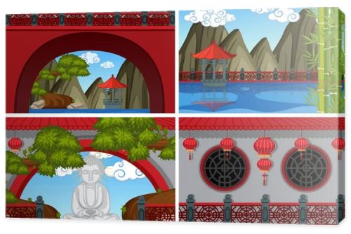 Four scenes of chinese temple with red walls