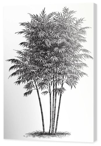 A bambusa arundinacea growing straight and long, they have more branch and stem. Branches spread out from base, blunt leaves are grown on the branches, vintage line drawing or engraving illustration.