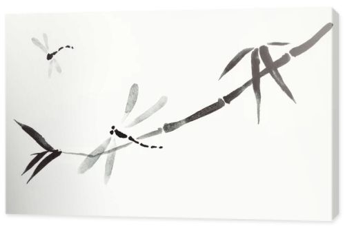 training drawing in sumi-e (suibokuga) style with watercolor paints - dragonflies and reed are hand drawn on creamy paper
