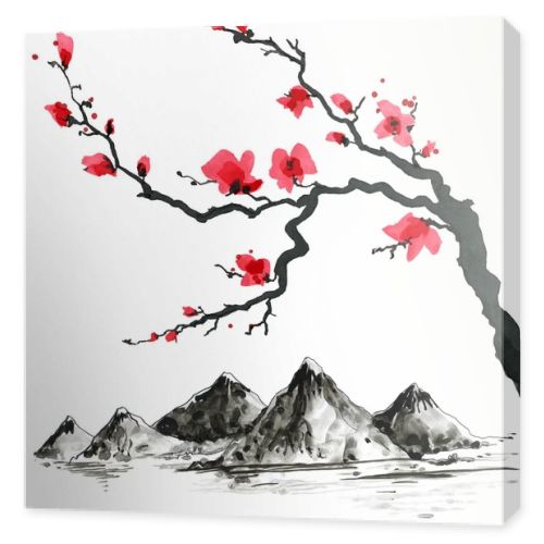 Mountains in Japanese style. Watercolor hand painting illustration