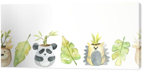 Watercolor border with cute pots. Cute illustrations of animals. Perfect for office, design and decor of children's rooms, products for children.