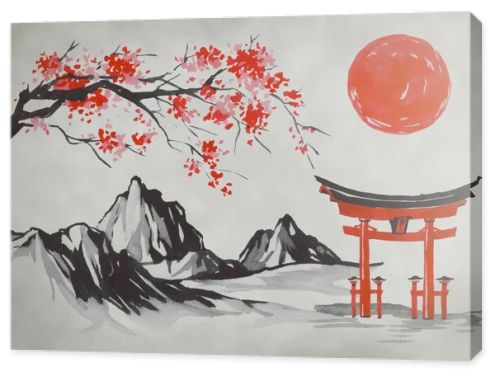 Japan traditional sumi-e painting. Fuji mountain, sakura, sunset. Japan sun. Indian ink illustration. Japanese picture.