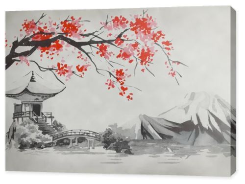 Japan traditional sumi-e painting. Fuji mountain, sakura, sunset. Japan sun. Indian ink illustration. Japanese picture.