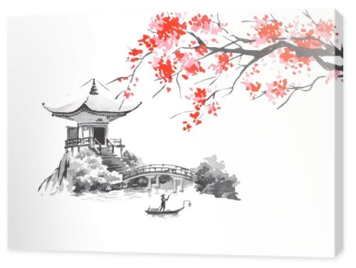 Japan traditional sumi-e painting. Fuji mountain, sakura, sunset. Japan sun. Indian ink illustration. Japanese picture.