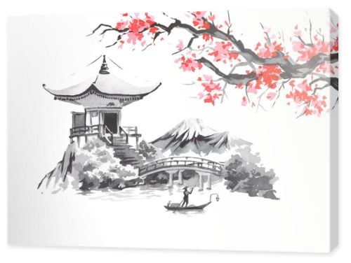 Japan traditional sumi-e painting. Fuji mountain, sakura, sunset. Japan sun. Indian ink illustration. Japanese picture.